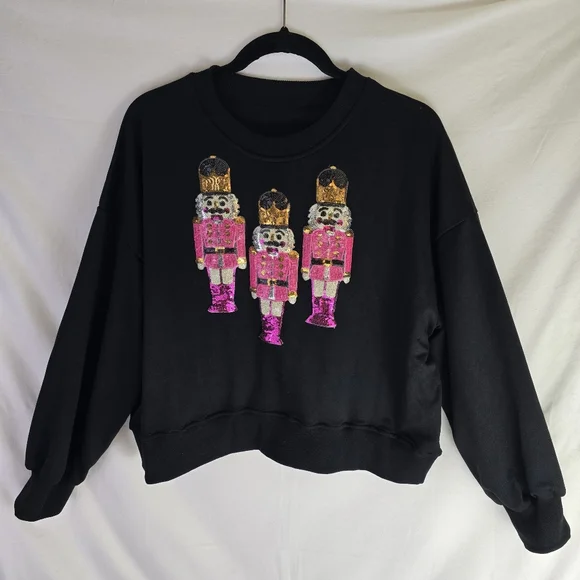 Nutcracker Soldiers Christmas Sequins Sweatshirt Sz M Soft Stretch NWOT - Picture 2 of 10